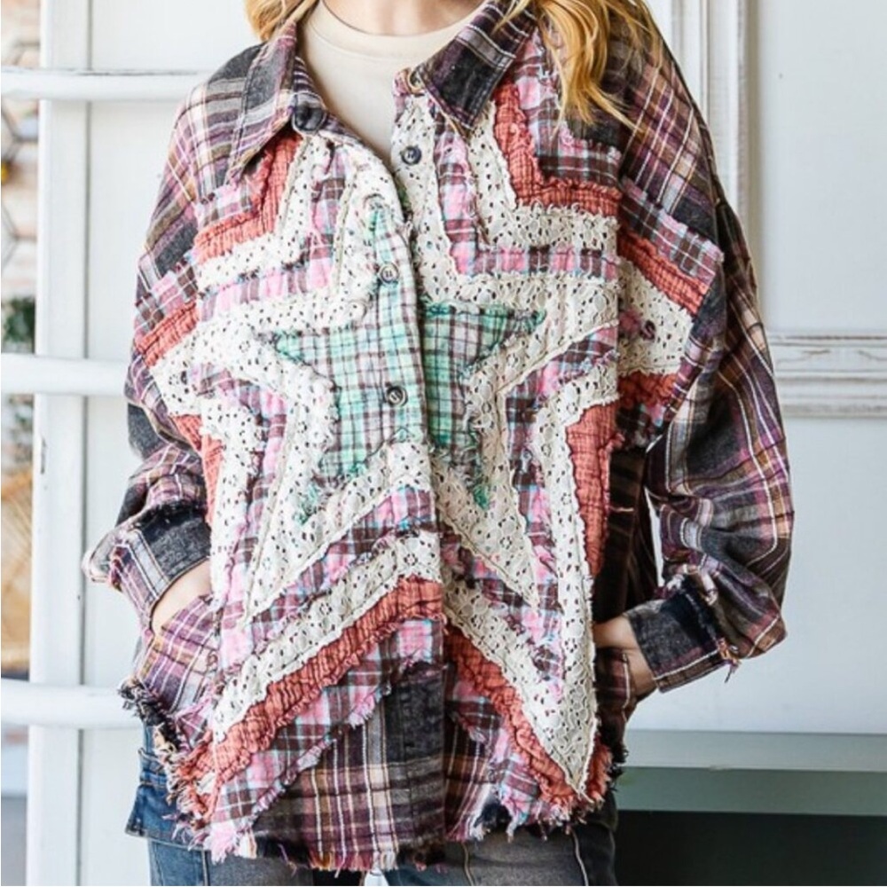 Oli & Hali Star Plaid Patchwork Star shacket lace  button down multicolor pink - Picture 6 of 9